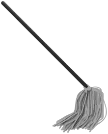 Photographie d'une wassingue sur fond blanc. Le manche est noir et les poils sont blanc. Le manche est penché sur la gauche.