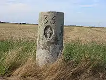 Photographie d’une borne en pièce avec une gravure de fleur de lys.