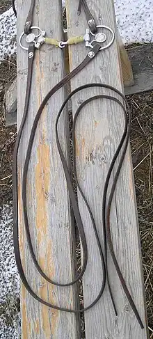 Rênes posées sur un support et attachées au mors