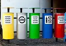 Photographie de poubelles de couleurs différentes.