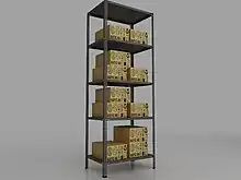 étagère modulaire à tablettes réglables, contenant des paquets.