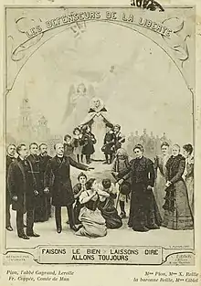 Dessin sur une carte postale. Il représente des enfants sous la protection d'une religieuse. De part et d'autres, diverses personnalités catholiques contemporaines : à droite les femmes, à gauche les hommes.