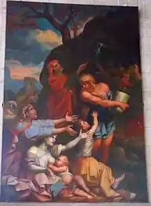 Moïse faisant jaillir l'eau du rocher (Exode 17.1-7).