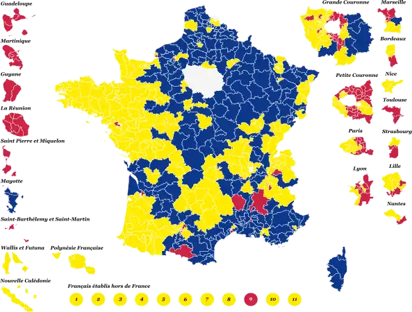 Candidats arrivés en tête dans chaque circonscription législative au 1er tour.