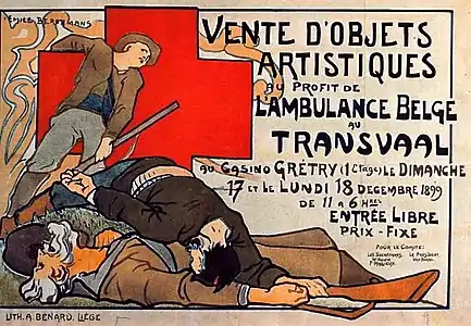 Vente d'objets artistiques au profit de l'ambulance belge, 1899 (Lithographie en couleurs ; Inv. Renardy nº B-61 ; 58&nbsp;×&nbsp;79&nbsp;cm), Anvers, Vleeshuis