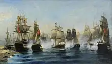 La Sortie de l'Arès à travers le blocus de la flotte ottomane sur la baie de Navarin le 25 avril 1825, pendant la bataille de Sphactérie, Musée maritime hellénique, 1894