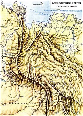 Carte des monts de Verkhoïansk avec le Sountar-Khayata en bas à droite.