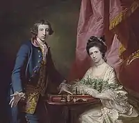 Francis Cotes, Portrait de William Earle Welby et de sa première épouse, Pénélope, jouant aux échecs sur fond de tenture&nbsp;(ru), 1789