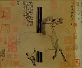Portrait de cheval attribué à Han Gan, actif vers 740-760, dynastie Tang. Huiyebai (Blanc Lueur-nocturne): cheval favori de l'empereur Xuanzong. Encre et couleurs sur soie 25 × 30&nbsp;cm, Metropolitan Museum of Art.
