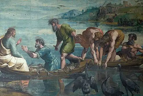 Raphaël. Carton pour tapisserie : La Pêche miraculeuse (1515). Couleurs sur papier, monté sur toile,  H. 3,20 m. Victoria and Albert Museum.