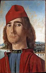 Homme au béret rouge, entre 1490-1493, 35&nbsp;×&nbsp;23&nbsp;cm, tempera sur bois, Museo Correr, Venise.