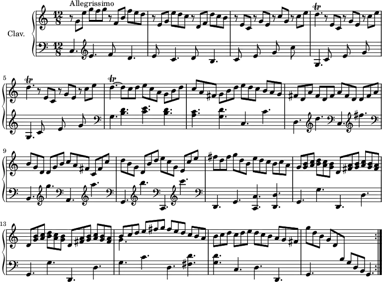 
\version "2.18.2"
\header {
  tagline = ##f
}

%% les petites notes
trillD     = { \tag #'print { d4.\trill~ } \tag #'midi { \times 2/3 { e16 d e d e d~ } d8~ } }

upper = \relative c'' {
  \clef treble 
  \key c \major
  \time 12/8
  \tempo 4. = 126
  \set Staff.midiInstrument = #"harpsichord"

  \repeat volta 2 {
    s8*0^\markup{Allegrissimo}
    r8 g e' g f g r8 f, b f' e d  | r8 e,8 g e' d c r8 d, f d' c b | r8 e,8 c r8 g' e r8 c' g r8 c e \trillD \repeat unfold 2 { r8 e,8 c r8 g' e r8 c' e \trillD }
    % ms. 6
    d8  c d e c a  g b d |
    % ms. 7
    c8 a fis g b d e d c b a g | fis d a' fis d fis a fis d d fis a | b g d  d g b  c a fis c fis c' |
    % ms. 10
    d8 b g d b' d e c g  e c' e | fis d fis g d b e d c b c a | g < g b > < a c > < b d > < a c > < g b > d < fis a > < g b > < a c > < g b > < fis a > | 
    % ms. 13
    d8 <g b >8 < a c > < b d > < a c > < g b > d < fis a > < g b > < a c > < g b > < fis a > | << { b8 c d e fis g fis e d c b a } \\ { g4. } >> | b8 c d c d e d c b a g fis | g'8 d b g d \stemUp \change Staff = "lower" b g d b s4. |
} % reprise

}

lower = \relative c {
  \clef bass
  \key c \major
  \time 12/8
  \set Staff.midiInstrument = #"harpsichord"

  \repeat volta 2 {
    % **************************************
     c4.   \clef treble  e'4. f8 s4 d4. | e8 s4 c4. d8 s4 b4. | c8 s4 e8 s4 g8 s4 c8 s4 |
     % ms. 4
     \repeat unfold 2 { g,4. c8 s4 e8 s4 g8 s4 } |   \clef bass g,4. < b d > < c e > < b d > |
     % ms. 7
     < a c >4. < g d' > c,4. c' d,  \clef treble d''4.  \clef bass c,,4. \clef treble fis''4. | \clef bass b,,,4. \clef treble g'''4. \clef bass a,,,4. \clef treble a'''4.
     % ms. 10
     \clef bass g,,,4. \clef treble b'''4. \clef bass c,,,,4. \clef treble c''''4. | \clef bass d,,,,4. g < c, c' >4. < d d' > | \repeat unfold 2 { g4. g' d, d' } |
     % ms. 14
     g4. c d, < fis d' > | < g d' > c, d d, | g s4. s4.   \tempo 4. = 60 g4.   \tempo 4. = 126
}%reprise
}

thePianoStaff = \new PianoStaff <<
    \set PianoStaff.instrumentName = #"Clav."
    \new Staff = "upper" \upper
    \new Staff = "lower" \lower
  >>

\score {
  \keepWithTag #'print \thePianoStaff
  \layout {
      #(layout-set-staff-size 17)
    \context {
      \Score
     \override SpacingSpanner.common-shortest-duration = #(ly:make-moment 1/2)
      \remove "Metronome_mark_engraver"
    }
  }
}

\score {
  \unfoldRepeats
  \keepWithTag #'midi \thePianoStaff
  \midi { }
}
