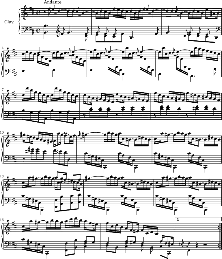 
\version "2.18.2"
\header {
  tagline = ##f
  % composer = "Domenico Scarlatti"
  % opus = "K. 197"
  % meter = "Allegro"
}

%% les petites notes
trillFisp     = { \tag #'print { fis8.\prall } \tag #'midi { gis64 fis gis fis~ fis8 } }
appoEisFis    = { \tag #'print { \appoggiatura eis8 fis4 } \tag #'midi { eis4 fis8  } }
appoFisGis    = { \tag #'print { \appoggiatura fis8 gis4~ } \tag #'midi { fis8. gis16~  } }
appoED        = { \tag #'print { \appoggiatura e16 d4~ } \tag #'midi { e16 d8.~  } }
appoCisB      = { \tag #'print { \appoggiatura cis16 b4~ } \tag #'midi { cis16 b8.~  } }
appoDE        = { \tag #'print { \appoggiatura d16 \stemUp e4~ } \tag #'midi { d16 e8.~  } }

upper = \relative c'' {
  \clef treble 
  \key b \minor
  \time 4/4
  \tempo 4 = 69
  \set Staff.midiInstrument = #"harpsichord"
  \override TupletBracket.bracket-visibility = ##f

 \repeat volta 2 {
      s8*0^\markup{Andante}
      r8 fis8 \appoED d8 d \appoCisB | b16 d cis b fis' e d cis d b d fis \appoED | d8 d \appoCisB b16 d cis b e ais,8 b16 | 
      % ms. 4
      cis16 e d cis \stemUp d4~ \stemNeutral  d16 e cis d \appoDE \stemNeutral | e16 g cis, d \appoDE \stemNeutral e16 b' cis, d \appoDE \stemNeutral | e16 b' cis, d \appoDE \stemNeutral e16 b' a g fis e d cis |
      % ms. 7
      \repeat unfold 2 { d16 d' b g fis d8 cis16 } | d16 b8 a16  gis fis e d  e'16 cis8 b16  ais g fis e | fis'16 d8 cis16  b a gis fis  fis'16 dis8 cis16  bis a gis fis |
      % ms. 10
      gis'16 eis8 d16  cis b a gis  a16 a'8 gis16 \trillFisp eis32 fis | \appoFisGis gis16 b a gis a cis, bis8~ bis16 dis cis bis | cis a' gis8~ gis16 b a gis a cis, bis8~ bis16 dis cis bis |
      % ms. 13
      cis16 a' gis8~ gis16 b a gis << { a8 gis16 fis eis8 fis } \\ { a16 cis, d8~ d16 cis8 b16 } >> | gis'4~ gis16 b a gis a cis, bis8~ bis16 dis cis bis | cis a' gis8~ gis16 b a gis a cis, bis8~ bis16 dis cis bis |
      % ms. 16
      cis16 a' gis8~ gis16 b a gis a cis d b a fis8 eis16 | fis cis d b a fis8 eis16 fis cis d b \stemUp \change Staff = "lower" a fis8 eis16    }%repet

      \alternative {
       { \appoEisFis r4 r2 } 
       {}
       %%{ fis16 b ais \stemDown \change Staff = "upper" d \stemNeutral cis16 gis' fis b }
      }
      % ms. 19 suite
      %%ais16 d cis fis e d cis b | fis2. r8 d'8 | 

}

lower = \relative c' {
  \clef bass
  \key b \minor
  \time 4/4
  \set Staff.midiInstrument = #"harpsichord"
  \override TupletBracket.bracket-visibility = ##f

  \repeat volta 2 {
    % ************************************** \appoggiatura a16  \repeat unfold 2 {  } \times 2/3 { }   \omit TupletNumber 
      < b, b' >4.   \clef treble  fis''8 g4. << { fis8 | g fis e } \\ { d8 | e d cis fis } >> b,4. fis'8 | g4. d8 << { g8 fis e } \\ { e8 d cis b } >> |   \clef bass
      % ms. 4
      fis4 \repeat unfold 2 { \stemDown \change Staff = "upper"  b'16 g e cis | \change Staff = "lower"  g4 } \repeat unfold 2 {  \stemDown \change Staff = "upper"  g'16 e \change Staff = "lower" cis g cis,4 } \stemDown \change Staff = "upper"  g''16 e  \stemNeutral \change Staff = "lower" cis a a,4. a'8 |
      % ms. 7
      \repeat unfold 2 { b8 g a a, } | r8 < b' d >8 q q r8 < cis e >8 q q | r8 < d fis >8 q d r8 < dis fis >8 q dis |
      % ms. 10
      r8 < eis gis >8 q eis8 fis e d d, | \repeat unfold 2 { cis'16 gis eis cis cis,4 cis''16 a fis cis cis,4  }
      % ms. 13
      cis''16 gis eis cis cis,4 < fis fis' >8 < b b' > < cis cis' > < d d' > | \repeat unfold 2 { cis'16 gis eis cis cis,4 cis''16 a fis cis cis,4  }
      % ms. 16
      cis''16 gis eis cis cis,4 < fis fis' >8 < b b' > << { \repeat unfold 2 {  < fis' a >8 gis | fis4 } } \\ { cis4 | d8 b cis4 d8 b } >> \stemDown cis cis,  }%repet

      \alternative {
       { \grace s8 fis4 r4 r2 }
       {}
       %%{ fis4 r4 r2 } 
      }
      % ms. 20
      %%\stemNeutral fis16 b ais16 d cis g' fis b ais d cis fis e d cis b | 

}

thePianoStaff = \new PianoStaff <<
    \set PianoStaff.instrumentName = #"Clav."
    \new Staff = "upper" \upper
    \new Staff = "lower" \lower
  >>

\score {
  \keepWithTag #'print \thePianoStaff
  \layout {
      #(layout-set-staff-size 17)
    \context {
      \Score
     \override SpacingSpanner.common-shortest-duration = #(ly:make-moment 1/2)
      \remove "Metronome_mark_engraver"
    }
  }
}

\score {
 % \unfoldRepeats
  \keepWithTag #'midi \thePianoStaff
  \midi { }
}
