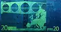 Billet de 20&nbsp;euros sous lumière UV (Verso)