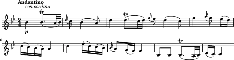 
\relative c' {
    \version "2.18.2"
    \clef "treble" 
    \tempo "Andantino" 
    \key bes  \major
    \time 2/4
   bes'4 \p^\markup {\italic {con sordino}} bes8. \trill  (a32 bes)
   \grace d16 (c8) bes4 (a8)
   d4 d8. \trill  (c32 d)
   \grace f16 (ees8) d4 (c8)
   f4 \grace g16 (f8) ees16 [(d)]
   d (c) bes (a) a4
   d4 f16 (d) c (bes)
   \grace bes16 (a8) g16 (f) f4
   bes,8 bes  bes8. \trill  (a32 bes)
   d16 (c) c4
}
