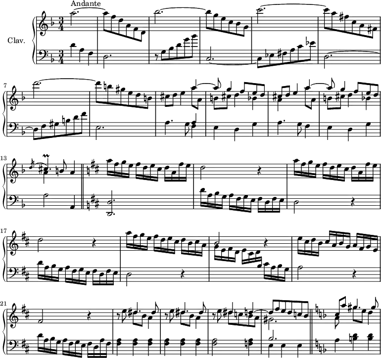 
\version "2.18.2"
\header {
  tagline = ##f
  % composer = "Domenico Scarlatti"
  % opus = "K. 294"
  % meter = "Andante"
}

%% les petites notes
trillCisp     = { \tag #'print { cis4.\prall } \tag #'midi { d32 cis d cis  d cis~ cis16~ cis8 } }

upper = \relative c'' {
  \clef treble 
  \key d \minor
  \time 3/4
  \tempo 4 = 92
  \set Staff.midiInstrument = #"harpsichord"
  \override TupletBracket.bracket-visibility = ##f

      s8*0^\markup{Andante}
      a'2.~ | a8 f d a f d | bes''2.~ | bes8 g e c bes g | c'2.~ |
      % ms. 6
      c8 a fis c a fis | d''2.~ | d8 b gis e d b | cis d e4 << { a4~ | a8 g4 f8 e d | cis d e4 } \\ { a8 a, | b cis d4 bes | a } >>
      % ms. 11 suite
      << { a'4~ | a8 g4 f8 e d | \acciaccatura d16 \trillCisp   \tempo 4 = 72 b8   \tempo 4 = 56 a4 } \\ { a'8 a, | b cis d4 bes | a } >>   \tempo 4 = 92 \bar "||"   \key d \major
      % ms. 14
      \repeat unfold 2 { a'16 fis g e  fis d e cis  d a fis' e | d2 r4 } | a'16 fis g e  fis d e cis  d b cis a | \stemUp b2 r4 |  \stemNeutral
      % ms. 20
      e16 cis d b  cis a b g  a fis g e | fis2 r4 | \repeat unfold 2 { r8 e'8 << { \mergeDifferentlyDottedOn  dis4. dis8 } \\ { dis8 b a4 } >> }
      % ms. 24
      r8 e'8 << { dis4 d4~ | d8 fis e d c b } \\ { dis8 c b a | gis2. } >>  \bar "||"  \key d \minor
      % ms. 26
      << { \mergeDifferentlyDottedOn  c8 a' gis4. gis8 } \\ { a,8 s8 gis'8 e d4 } >>

}

lower = \relative c' {
  \clef bass
  \key d \minor
  \time 3/4
  \set Staff.midiInstrument = #"harpsichord"
  \override TupletBracket.bracket-visibility = ##f

    % ************************************** \appoggiatura a16  \repeat unfold 2 {  } \times 2/3 { }   \omit TupletNumber 
      d4 a f | d2. | r8 g8 bes d g bes | c,,2.~ | c8 ees fis a c ees |
      % ms. 6
      d,2.~ | d8 f gis b d f | e,2.~ | a4. g8 << { a4 } \\ { f4 } >> e4 d g | a4. g8  f4 |
      % ms. 12
      e4 d g | a2 a,4 | \key d \major  < d, d' >2.
      % ms. 15
      \repeat unfold 2 { d''16 a b g  a fis g e  fis d fis e | d2 r4 } | \stemDown \change Staff = "upper" g'16 e fis d  e cis d  \stemUp \change Staff = "lower" b  \stemNeutral cis a b g |
      % ms. 20
      a2 r4 | d16 a b g  a fis g e  fis d a' fis | < fis a >4 q q | q q q |
      % ms. 24
      q2 < f a >4 | << { b2. } \\ { e,4 e e } >> || \key d \minor a4 < b d > q |

}

thePianoStaff = \new PianoStaff <<
    \set PianoStaff.instrumentName = #"Clav."
    \new Staff = "upper" \upper
    \new Staff = "lower" \lower
  >>

\score {
  \keepWithTag #'print \thePianoStaff
  \layout {
      #(layout-set-staff-size 17)
    \context {
      \Score
     \override SpacingSpanner.common-shortest-duration = #(ly:make-moment 1/2)
      \remove "Metronome_mark_engraver"
    }
  }
}

\score {
  \keepWithTag #'midi \thePianoStaff
  \midi { }
}
