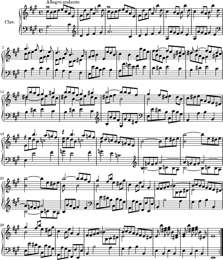 \version "2.18.2"
\header {
tagline = ##f
% composer = "Domenico Scarlatti"
% opus = "K. 343"
% meter = "Allegro andante"
}
%% les petites notes
trillCisq = { \tag #'print { cis8\prall } \tag #'midi { d32 cis d cis } }
upper = \relative c'' {
\clef treble
\key a \major
\time 4/4
\tempo 2 = 72
\repeat volta 2 {
s8*0^\markup{Allegro andante}
\repeat unfold 2 { \trillCisq b8 cis d e cis a e |
% ms. 4
fis d' gis, e' a, b'4 d,8 } | \repeat unfold 2 { cis4 b8 a b b'4 d,8 } |
<< { a'4. gis8 fis4. e8 | d4. cis8 b4. a8 }
\\ { cis8 d e4 fis,8 gis a4 | d,8 e fis4 b,8 cis dis4 } >>
% ms. 9
gis8 a b4 e,8 e' d b | cis4 b a8 a' gis e |
% ms. 11
<< { s8 fis4.~ fis8 e dis cis | dis fis4.~ fis8 e dis cis | dis b' a fis gis4 ais | b8 b a fis gis4 ais | b2~ b8 b a fis | gis4 fis8 dis }
\\ { fis8 b, a fis gis4 ais | dis8 b a fis gis4 ais | b2~ b8 e dis cis | dis4 b~ b8 e dis cis | dis e fis4 b,2 | b2 } >>
% ms. 16 suite
e4 dis8 b | cis dis e a, gis fis e dis |
<< { r4 b''4. a8 g fis | r4 b4. a8 g fis }
\\ { e,8 e' d b c2 | < b e >8 e d b c2 } >>
% ms. 20
<< { e8 d c b } \\ { b4 } >> a8 g fis e | b'2~ b8 e dis e | \repeat unfold 2 { < b b' >2~ b'8 e, dis e } |
% ms. 24
<< { b'2~ b8 b a fis } \\ { b,8 s8 s4 b2 } >> |
\repeat unfold 2 { << { gis'4 fis8 b } \\ { b,2 e4 } >> dis8 gis | cis,4 b8 e a,4 gis |
% ms. 27
fis8 fis gis a
<< { b2~ | b8 cis b a } \\ { b8 b, cis dis | e2 } >> gis8 fis e dis }%finrepet |
% ms. 33
e8 b''4 < dis, fis >8 < e gis > b4 < dis, fis >8 | < e gis > b''4 < dis, fis >8 < e gis > b4 dis,8 | e1 }%repet
}
lower = \relative c' {
\clef bass
\key a \major
\time 4/4
\repeat volta 2 {
% ************************************** \appoggiatura a16 \repeat unfold 2 { } \times 2/3 { } \omit TupletNumber
a2. cis4 \clef treble | d e fis gis | a2. cis,4 |
% ms. 4
d4 e fis gis | \repeat unfold 2 { a,8 a' gis fis gis4 e } \clef bass | a,4 cis d cis |
% ms. 8
b4 a gis fis | e8 e' d b cis4 b | a8 a' g e fis4 e | d dis e cis |
% ms. 12
\repeat unfold 3 { b4 dis e cis } \clef treble | b8 b' a fis gis, gis' fis dis \clef bass |
% ms. 16
e,8 e' dis b cis, cis' b gis | a,4 a' b b, | e e'2 fis4 | g e2 fis4 |
% ms. 20
g4 e c2 \clef treble | << { b8 \repeat unfold 2 { g' fis g a2~ | a8 } g fis g a2 } \\ { \repeat unfold 3 { b,2~ b8 c b a } | } >>
% ms. 24
b8 b' a fis gis4 fis \clef bass | \repeat unfold 2 { e,8 e' dis b cis, cis' b gis | a, a' gis e fis, fis' e, e' | b4 b'2 a4 |
% ms. 28
gis4 a b b, }|
% ms. 33
\repeat unfold 4 { e b } | e,1 }%repet
}
thePianoStaff = \new PianoStaff <<
\set PianoStaff.instrumentName = #"Clav."
\new Staff = "upper" \upper
\new Staff = "lower" \lower
>>
\score {
\keepWithTag #'print \thePianoStaff
\layout {
#(layout-set-staff-size 17)
\context {
\Score
\override TupletBracket.bracket-visibility = ##f
\override SpacingSpanner.common-shortest-duration = #(ly:make-moment 1/2)
\remove "Metronome_mark_engraver"
}
}
}
\score {
\unfoldRepeats
\keepWithTag #'midi \thePianoStaff
\midi { \set Staff.midiInstrument = #"harpsichord" }
}