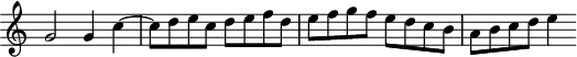
\version "2.14.2"
\header {
  tagline = ##f
}

\score {
  \new Staff \with {
   \remove "Time_signature_engraver"

  }
  \relative c'' {
    \key c \major
    \time 4/4
    \tempo 4 = 92
    %\autoBeamOff
    \clef treble
    \override Rest #'style = #'classical
    % Ricercare no 6
    g2 g4 c4~ | c8 d e c d | e f d e f g f e d c b a b c d e4 |

  }
  \layout {
    \context {
      \Score
      \remove "Metronome_mark_engraver"

    }
  }
  \midi {}
}
