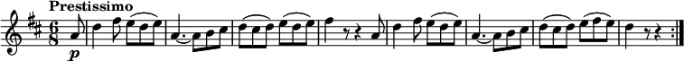 
\relative c'' {
  \version "2.18.2"
    \key d \major
    \time 6/8   
    \tempo "Prestissimo"
    \tempo 4 = 180
    \partial 8 a8 \p
    d4 fis8 e (d e)
    a,4. ~ a8 b cis
    d (cis d) e (d e)
    fis4 r8 r4 a,8
    d4 fis8 e (d e)
    a,4. ~ a8 b cis
    d (cis d) e (fis e)
    d4 r8 r4 \bar ":|."
}
