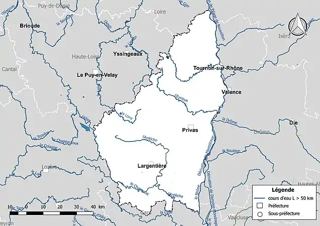 Carte des cours d'eau de longueur supérieure à 50&nbsp;km de l'Ardèche.