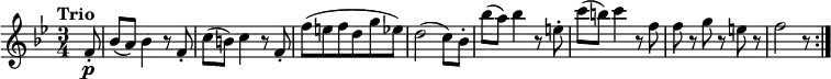 
\relative c' {
  \version "2.18.2"
  \tempo "Trio"
  \key bes \major
  \time 3/4
  \partial 8 f8-.\p 
  bes (a) bes4 r8  f8-.
  c' (b) c4 r8 f,8-.
  f' (e f d g ees)
  d2 (c8) bes8-.
  bes' (a) bes4 r8 e,8-.
  c' (b) c4 r8 f,8
  f r8 g r8 e! r8
  f2 r8 \bar ":|."
}

