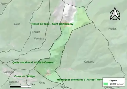 Carte des ZNIEFF de type 1 sur la commune.
