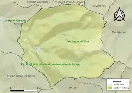 Carte des ZNIEFF de type 2 sur la commune.