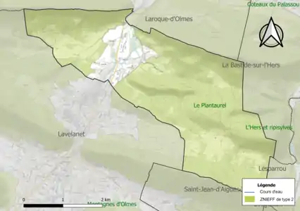 Carte de la ZNIEFF de type 2 sur la commune.