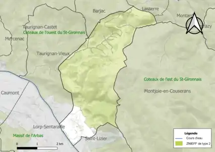Carte des ZNIEFF de type 2 sur la commune.