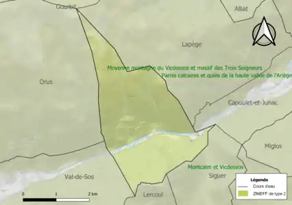 Carte des ZNIEFF de type 2 sur la commune.