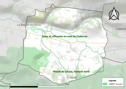 Carte des ZNIEFF de type 1 sur la commune.