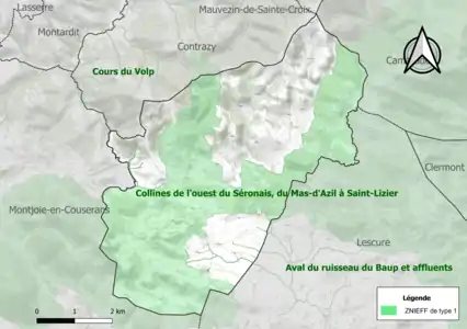 Carte des ZNIEFF de type 1 sur la commune.