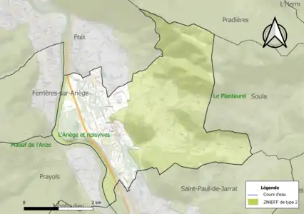 Carte des ZNIEFF de type 2 sur la commune.