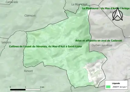 Carte des ZNIEFF de type 1 sur la commune.