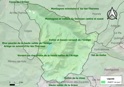 Carte des ZNIEFF de type 1 sur la commune.