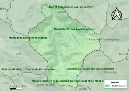 Carte des ZNIEFF de type 1 sur la commune.