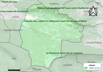 Carte des ZNIEFF de type 1 sur la commune.