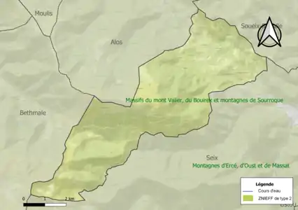 Carte des ZNIEFF de type 2 sur la commune.