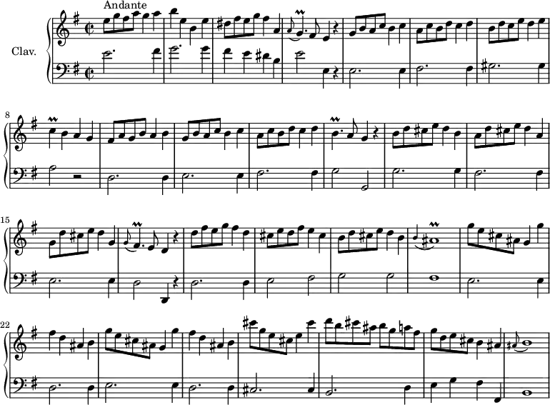 
\version "2.18.2"
\header {
  tagline = ##f
  % composer = "Domenico Scarlatti"
  % opus = "K. 291"
  % meter = "Andante"
}

%% les petites notes
trillBp      = { \tag #'print { b4.\prall } \tag #'midi { c32 b c b~ b4 } }
trillC       = { \tag #'print { c4\prall } \tag #'midi { d32 c d c~ c8 } }
trillGp      = { \tag #'print { g4.\prall } \tag #'midi { a32 g a g~ g4 } }
trillFisp    = { \tag #'print { fis4.\prall } \tag #'midi { g32 fis g fis~ fis4 } }
appoAisr     = { \tag #'print { \appoggiatura b4 ais1\prall } \tag #'midi { b2 b32 ais b ais~ ais8~ ais4 } }
appoBr       = { \tag #'print { \appoggiatura ais8 b1 } \tag #'midi { ais4 b2. } }

upper = \relative c'' {
  \clef treble 
  \key e \minor
  \time 2/2
  \tempo 2 = 82
  \set Staff.midiInstrument = #"harpsichord"
  \override TupletBracket.bracket-visibility = ##f

      s8*0^\markup{Andante}
      e8 g fis a g4 a | b e, b e | dis8 fis e g fis4 a, | \appoggiatura a8 \trillGp fis8 e4 r4 |
      % ms. 5
      g8 b a c b4 c | a8 c b d c4 d | b8 d c e d4 e | \trillC b4 a g | fis8 a g b a4 b |
      % ms. 10
      g8 b a c b4 c | a8 c b d c4 d | \trillBp a8 g4 r4 | b8 d cis e d4 b | a8 d cis e d4 a |
      % ms. 15
      g8 d' cis e d4 g, | \appoggiatura g8 \trillFisp e8 d4 r4 | d'8 fis e g fis4 d | cis8 e d fis e4 cis | b8 d cis e d4 b |
      % ms. 20
      \appoAisr | \repeat unfold 2 { g'8 e cis ais g4 g' | fis d ais b } |
      % ms. 25
      cis'8 g e cis e4 cis' | d8 b cis ais b g a fis | g d e cis b4 ais | \appoBr |

}

lower = \relative c' {
  \clef bass
  \key e \minor
  \time 2/2
  \set Staff.midiInstrument = #"harpsichord"
  \override TupletBracket.bracket-visibility = ##f

    % ************************************** \appoggiatura a16  \repeat unfold 2 {  } \times 2/3 { }   \omit TupletNumber 
      e2. fis4 | g2. g4 | fis e dis b | e2 e,4 r4 |
      % ms. 5
      e2. e4 | fis2. fis4 | gis2. gis4 | a2 r2 | d,2. d4 |
      % ms. 10
      e2. e4 | fis2. fis4 | g2 g, | g'2. g4 | fis2. fis4 |
      % ms. 15
      e2. e4 | d2 d,4 r4 | d'2. d4 | e2 fis | g g |
      % ms. 20
      fis1 | e2. e4 | d2. d4 | e2. e4 | d2. d4 |
      % ms. 25
      cis2. cis4 | b2. d4 | e g fis fis, | b1 |

}

thePianoStaff = \new PianoStaff <<
    \set PianoStaff.instrumentName = #"Clav."
    \new Staff = "upper" \upper
    \new Staff = "lower" \lower
  >>

\score {
  \keepWithTag #'print \thePianoStaff
  \layout {
      #(layout-set-staff-size 17)
    \context {
      \Score
     \override SpacingSpanner.common-shortest-duration = #(ly:make-moment 1/2)
      \remove "Metronome_mark_engraver"
    }
  }
}

\score {
  \keepWithTag #'midi \thePianoStaff
  \midi { }
}
