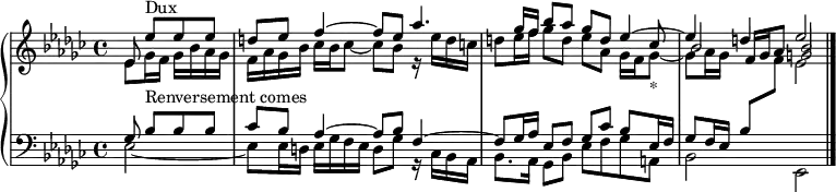
\version "2.18.2"
\header {
  tagline = ##f
}

Dux   = { s8*0-\markup{Dux} ees8[ ees ees] d ees f4~ f8 ees aes4. ges16 f bes8 aes ges }

upper = \relative c'' {
  \clef treble 
  \key ees \minor
  \time 4/4
  \tempo 4 = 60
  \set Score.currentBarNumber = #43
  \set Staff.midiInstrument = #"harpsichord" 
    %\context Score \applyContext #(set-bar-number-visibility 4)
    \bar ""

   %% FUGUE CBT II-8, BWV 876, ré dièse mineur
   \partial 2
    << { ees,8 \relative c'' { \Dux d8 ees4~ ees d ees2 }  } \\ { ees8 ges16 f ges bes aes ges | f aes ges bes ces bes ces8~ ces bes r16 ees16 d c d8 ees16 f ges8 d ees aes, ges16 f ges8~-\markup{*} ges aes16 ges \stemUp \shiftOn f ges aes8 g2 } \\ { s2 s1 s2 s4 s8 ces8 bes2 bes } >>
   
}

lower = \relative c' {
  \clef bass 
  \key ees \minor
  \time 4/4
  \set Staff.midiInstrument = #"harpsichord" 

   << { ges8 bes8-\markup{Renversement comes}[ bes bes] ces bes aes4~ aes8 bes f4~ f8 ges16 aes ees8 f ges ces bes ees,16 f ges8 f16 ees bes'8 \stemDown \change Staff = "upper" f' ees2 } \\ {  ees,2~ ees8 ees16 d ees ges f ees d8  ges r16 ces, bes aes bes8. aes16 ges8 bes ees f ges a, bes2 ees, } >> \bar "|."
} 

\score {
  \new PianoStaff <<
    \set PianoStaff.instrumentName = #""
    \new Staff = "upper" \upper
    \new Staff = "lower" \lower
  >>
  \layout {
    indent = #0
    \context {
      \Score
      \remove "Metronome_mark_engraver"
    }
  }
  \midi { }
}
