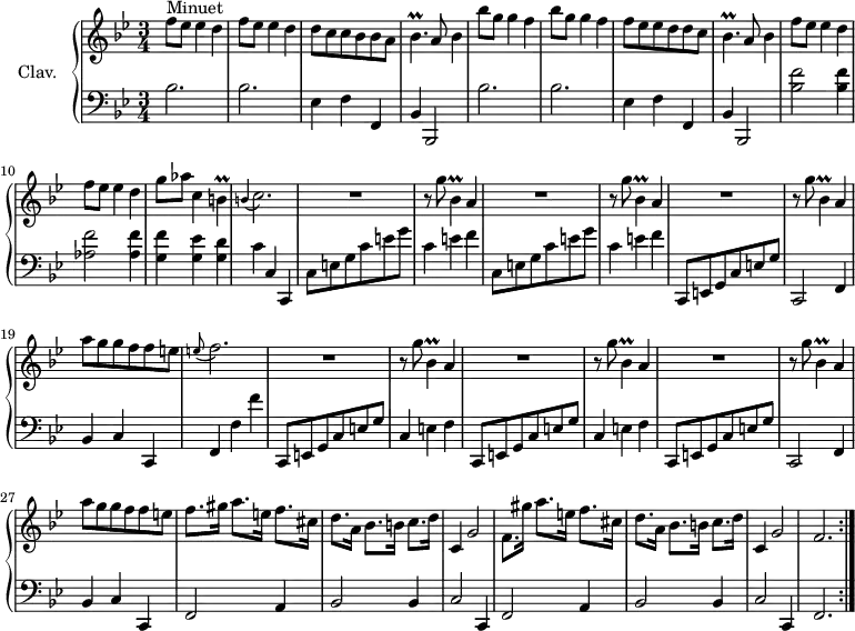\version "2.18.2"
\header {
tagline = ##f
% composer = "Domenico Scarlatti"
% opus = "K. 393"
% meter = "Allegro"
}
%% les petites notes
trillBesp = { \tag #'print { bes4.\prall } \tag #'midi { c32 bes c bes~ bes4 } }
trillBp = { \tag #'print { b4\prall } \tag #'midi { c32 b c b~ b8 } }
trillBesDown = { \tag #'print { bes,4\prall } \tag #'midi { c32 bes c bes~ bes8 } }
appoBCb = { \tag #'print { \appoggiatura b4 c2. } \tag #'midi { b2 c4 } }
appoEFb = { \tag #'print { \appoggiatura e8 f2. } \tag #'midi { e2 f4 } }
upper = \relative c'' {
\clef treble
\key bes \major
\time 3/4
\tempo 4 = 120
\set Staff.midiInstrument = #"harpsichord"
\override TupletBracket.bracket-visibility = ##f
\repeat volta 2 {
s8*0^\markup{Minuet}
\repeat unfold 2 { f8 ees ees4 d } | d8 c c bes bes a | \trillBesp a8 bes4 | \repeat unfold 2 { bes'8 g g4 f } |
% ms. 7
f8 ees ees d d c | \trillBesp a8 bes4 | \repeat unfold 2 { f'8 ees ees4 d } | g8 aes c,4 \trillBp |
% ms. 12
\appoBCb | \repeat unfold 3 { R2. | r8 g'8 \trillBesDown a4 } |
% ms. 19
a'8 g g f f e | \appoEFb | \repeat unfold 3 { R2. | r8 g8 \trillBesDown a4 } |
% ms. 27
a'8 g g f f e | f8. gis16 a8. e16 f8. cis16 |
% ms. 29
d8. a16 bes8. b16 c8. d16 | c,4 g'2 | f8. gis'16 a8. e16 f8. cis16 | d8. a16 bes8. b16 c8. d16 | c,4 g'2 | f2. }%repet
% ms. 35
}
lower = \relative c' {
\clef bass
\key bes \major
\time 3/4
\set Staff.midiInstrument = #"harpsichord"
\override TupletBracket.bracket-visibility = ##f
\repeat volta 2 {
% ************************************** \appoggiatura a16 \repeat unfold 2 { } \times 2/3 { } \omit TupletNumber
\repeat unfold 2 { bes2. | bes | ees,4 f f, | bes bes,2 } |
% ms. 9
< bes'' f' >2 q4 | < aes f' >2 q4 | < g f' > < g ees' > < g d' > |
% ms. 12
c4 c, c, | \repeat unfold 2 { c'8 e g c e g | c,4 e f } | c,,8 e g c e g |
% ms. 18
c,,2 f4 | bes c c, | f f' f' | \repeat unfold 2 { c,,8 e g c e g | c,4 e f } |
% ms. 25
c,8 e g c e g | c,,2 f4 | bes c c, | f2 a4 |
% ms. 29
bes2 bes4 | c2 c,4 | f2 a4 | bes2 bes4 | c2 c,4 | f2. }%répet
% ms. 35
}
thePianoStaff = \new PianoStaff <<
\set PianoStaff.instrumentName = #"Clav."
\new Staff = "upper" \upper
\new Staff = "lower" \lower
>>
\score {
\keepWithTag #'print \thePianoStaff
\layout {
#(layout-set-staff-size 17)
\context {
\Score
\override SpacingSpanner.common-shortest-duration = #(ly:make-moment 1/2)
\remove "Metronome_mark_engraver"
}
}
}
\score {
\keepWithTag #'midi \thePianoStaff
\midi { }
}