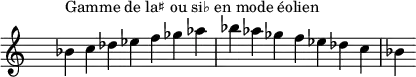 
\relative c'' { 
  \clef treble \time 7/4 \hide Staff.TimeSignature bes4^\markup { Gamme de la♯ ou si♭ en mode éolien } c des ees f ges aes bes aes ges f ees des c bes
}

