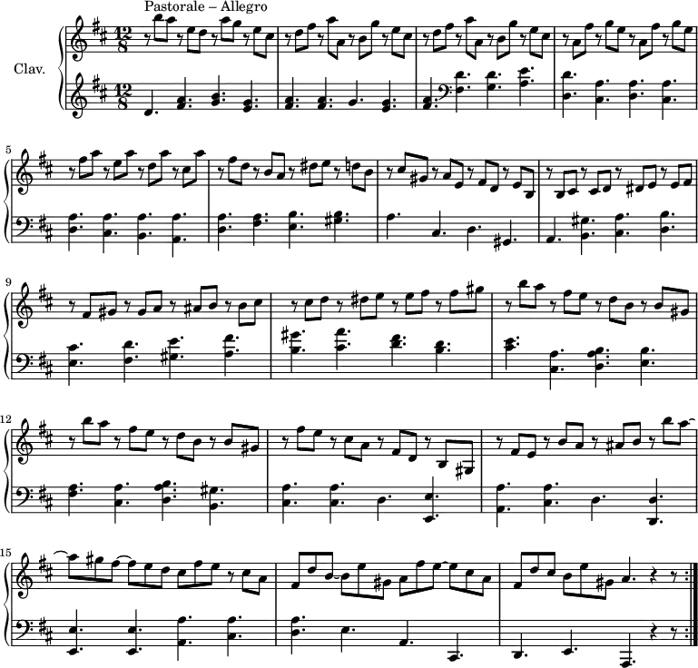 
\version "2.18.2"
\header {
  tagline = ##f
  % composer = "Domenico Scarlatti"
  % opus = "K. 415"
  % meter = "Allegro"
}

%% les petites notes
%trillBesp     = { \tag #'print { bes4.\prall } \tag #'midi { c32 bes c bes~ bes4 } }

upper = \relative c'' {
  \clef treble 
  \key d \major
  \time 12/8
  \tempo 4. = 88
  \set Staff.midiInstrument = #"harpsichord"
  \override TupletBracket.bracket-visibility = ##f

  \repeat volta 2 {
      s8*0^\markup{Pastorale – Allegro}
      r8 b'8 a r8 e d r8 a'8 g r8 e8 cis | \repeat unfold 2 { r8 d8 fis r8 a8 a, r8 b8 g' r8 e8 cis } |
      % ms. 4
      r8 a8 fis' r8 g8 e r8 a,8 fis' r8 g8 e | r8 fis8 a r8 e8 a r8 d,8 a' r8 cis,8 a' | r8 fis8 d r8 b8 a r8 dis8 e r8 d8 b |
      % ms. 7
      r8 cis gis r8 a e r8 fis d r8 e b | r8 b cis r8 cis d r8 dis e r8 e fis | r8 fis gis r8 gis a r8 ais b r8 b cis |
      % ms. 10
      r8 cis d r8 dis e r8 e fis r8 fis gis | \repeat unfold 2 { r8 b a r8 fis e r8 d b r8 b gis } |
      % ms. 13
      r8 fis'8 e r8 cis a r8 fis d r8 b gis | r8 fis'8 e r8  b' a r8 ais b r8 b' a~ | a gis fis~ fis e d cis fis e r8  cis a |
      % ms. 16
      fis d' b~ b e gis, a fis' e~ e cis a | fis d' cis b e gis, a4. r4 r8 }%repet

}

lower = \relative c' {
  \clef bass
  \key d \major
  \time 12/8
  \set Staff.midiInstrument = #"harpsichord"
  \override TupletBracket.bracket-visibility = ##f

  \repeat volta 2 {
    % ************************************** \appoggiatura a16  \repeat unfold 2 {  } \times 2/3 { }   \omit TupletNumber 
        \clef treble  d4. < fis a >4. < g b > < e g > | < fis a > q g < e g > | < fis a >   \clef bass < fis, d' > < g d' > < a e' >
      % ms. 4
      < d, d' >4. \repeat unfold 2 { < cis a' > < d a' > } < cis a' > < b a' > < a a' > | < d a' > < fis a > < e b' > < gis b >
      % ms. 7
      a4. cis, d gis, | a < b gis' > < cis a' > < d b' > | < e cis' > < fis d' > < gis e' > < a fis' > |
      % ms. 10
      < b gis' >4. < cis a' > < d fis > < b d > | < cis e > < cis, a' > < d a' b > < e b' > | < fis a > < cis a' > < d a' b > < b gis' >
      % ms. 13
      <cis a' > q d4. < e, e' > | < a a' > < cis a' > d4. < d, d' > | < e e' > q < a a' > < cis a' >
      % ms. 16
      < d a' >4. e a, cis, | d e a, r4 r8 }%repet

}

thePianoStaff = \new PianoStaff <<
    \set PianoStaff.instrumentName = #"Clav."
    \new Staff = "upper" \upper
    \new Staff = "lower" \lower
  >>

\score {
  \keepWithTag #'print \thePianoStaff
  \layout {
      #(layout-set-staff-size 17)
    \context {
      \Score
     \override SpacingSpanner.common-shortest-duration = #(ly:make-moment 1/2)
      \remove "Metronome_mark_engraver"
    }
  }
}

\score {
  \unfoldRepeats
  \keepWithTag #'midi \thePianoStaff
  \midi { }
}
