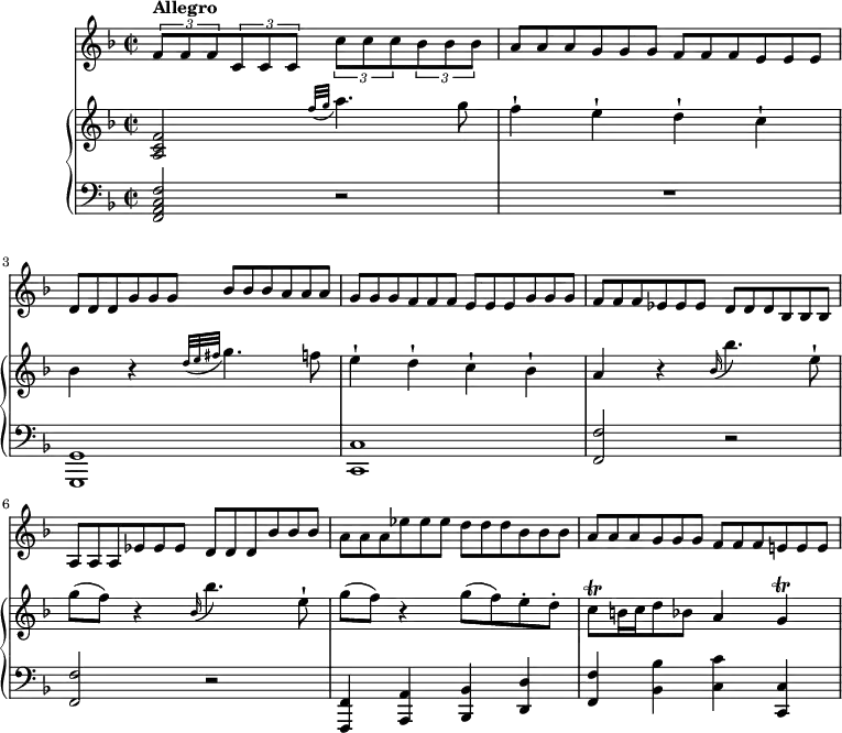 
\version "2.18.2"
\header {
  tagline = ##f
}
upper = \relative c'' {
              \key f \major
              \time 2/2
              \tempo  "Allegro"
              \tempo 4 = 120
         <a, c f>2  \grace {f''32 (g} a4.) g8
         f4-! e-! d-! c-!
         bes r \grace {d32 (e fis} g4.) f8
         e4-! d-! c-! bes-!
         a r \grace bes16 (bes'4.) e,8-!
         g (f) r4 \grace bes,16 (bes'4.) e,8-!
         g8 (f) r4 g8 (f) e-. d-.
         c\trill b16 c d8 bes a4 g \trill
            }                 
lower =      \relative c {
         \clef bass 
                  \key f \major
                 \time 2/2
        <f, a c f>2 r R1 <g, g'>1 <c c'> <f f'>2 r <f f'> r
        <f, f'>4 <a a'> <bes bes'> <d d'> <f f'> <bes bes'> <c c'> <c, c'>
             }
     
vl = \relative c' {
              \key f \major
              \time 2/2
              \set Staff.midiMinimumVolume = #0.2 \set Staff.midiMaximumVolume = #0.5
        \tuplet 3/2 {f8   ^\markup \bold {{"Allegro"}} f f} \tuplet 3/2 {c c c} \tuplet 3/2 {c' c c}  \tuplet 3/2 {bes bes bes}
        \scaleDurations 2/3 {a a a} \scaleDurations 2/3 {g g g} \scaleDurations 2/3 {f f f}  \scaleDurations 2/3 {e e e}
        \scaleDurations 2/3 {d d d} \scaleDurations 2/3 {g g g} \scaleDurations 2/3 {bes bes bes}  \scaleDurations 2/3 {a a a}
        \scaleDurations 2/3 {g g g} \scaleDurations 2/3 {f f f} \scaleDurations 2/3 {e e e}  \scaleDurations 2/3 {g g g}
        \scaleDurations 2/3 {f f f} \scaleDurations 2/3 {ees ees ees} \scaleDurations 2/3 {d d d}  \scaleDurations 2/3 {bes bes bes}
        \scaleDurations 2/3 {a a a} \scaleDurations 2/3 {ees' ees ees} \scaleDurations 2/3 {d d d}  \scaleDurations 2/3 {bes' bes bes}
        \scaleDurations 2/3 {a a a} \scaleDurations 2/3 {ees' ees ees} \scaleDurations 2/3 {d d d}  \scaleDurations 2/3 {bes bes bes}
        \scaleDurations 2/3 {a a a} \scaleDurations 2/3 {g g g} \scaleDurations 2/3 {f f f}  \scaleDurations 2/3 {e! e e}
                 }           
\score {
    \new GrandStaff <<
   \new PianoStaff <<  
    \new Staff = "upper" \upper
    \new Staff = "lower" \lower
  >>
   \new Staff = "vl" \vl
    >>
    \layout {
    \context {
      \Score
      \remove "Metronome_mark_engraver"
    }
  }
  \midi { }
}
