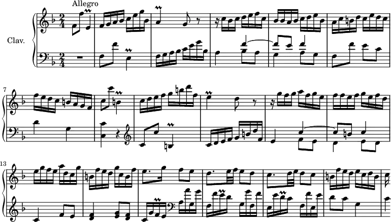 
\version "2.18.2"
\header {
  tagline = ##f
  % composer = "Domenico Scarlatti"
  % opus = "K. 257"
  % meter = "Allegro"
}

%% les petites notes
trillEDown     = { \tag #'print { e,4\prall } \tag #'midi { f32 e f e~ e8 } }
trillE         = { \tag #'print { e4\prall } \tag #'midi { f32 e f e~ e8 } }
trillA         = { \tag #'print { a4\prall } \tag #'midi { bes32 a bes a~ a8 } }
trillBDown     = { \tag #'print { b,4\prall } \tag #'midi { c32 b c b~ b8 } }
trillFqq       = { \tag #'print { f16\prall } \tag #'midi { \times 2/3 { f32 e f } } }
trillEqq       = { \tag #'print { e16\prall } \tag #'midi { \times 2/3 { e32 d e } } }
trillDqq       = { \tag #'print { d16\prall } \tag #'midi { \times 2/3 { d32 c d } } }

upper = \relative c'' {
  \clef treble 
  \key f \major
  \time 2/4
  \tempo 4 = 92
  \set Staff.midiInstrument = #"harpsichord"
  \override TupletBracket.bracket-visibility = ##f

      s8*0^\markup{Allegro}
      f,8 f' \trillEDown | f16 g a bes c e g bes, | \trillA g8 r8 | r16 c bes c d e f c |
      % ms. 5
      bes16 bes a bes c d e bes | a c b! d c e d c  | f e d c b a g f | c'8 c' \trillBDown |
      % ms. 9
      c16 d e f g b d f, | \trillE d8 r8 | r16 g16 f g a f g e | f f e f g e f d |
      % ms. 13
      e16 g f e a d, c g' | b, f' e d g c, b f' | e8. g16 f8 e | d8. e32 f e8 d |
      % ms. 17
      c8. d32 e d8 c | b16 f' e d e c d b | c

}

lower = \relative c' {
  \clef bass
  \key f \major
  \time 2/4
  \set Staff.midiInstrument = #"harpsichord"
  \override TupletBracket.bracket-visibility = ##f

    % ************************************** \appoggiatura a8  \repeat unfold 2 {  } \times 2/3 { }   \omit TupletNumber 
      R2 | f,8 f' \trillEDown | f16 g a bes c e g bes, | a4 << { f'4~ | f8 e f4 } \\ { bes,8 a | g4 a8 g } >>
      % ms. 6
      f8 f' e c | d4 g, | < c, c' >4 r4   \clef treble  |
      % ms. 9
      c'8 c' \trillBDown |c16 d e f g b d f, | e4 << { c'4~ c8 b c4 } \\ { f,8 e | d4 e8 d } >>
      % ms. 13
      c4 f8 e | < d f >4 < e g >8 < d f > | c16 g' \trillFqq e16   \clef bass  a, a' g, g' | f, f' \trillEqq d16 g, g' f, f' |
      % ms. 17
      e,16 e' \trillDqq c16 f, f' e, e' | d8 c g4 | c4*1/4

}

thePianoStaff = \new PianoStaff <<
    \set PianoStaff.instrumentName = #"Clav."
    \new Staff = "upper" \upper
    \new Staff = "lower" \lower
  >>

\score {
  \keepWithTag #'print \thePianoStaff
  \layout {
      #(layout-set-staff-size 17)
    \context {
      \Score
     \override SpacingSpanner.common-shortest-duration = #(ly:make-moment 1/2)
      \remove "Metronome_mark_engraver"
    }
  }
}

\score {
  \keepWithTag #'midi \thePianoStaff
  \midi { }
}
