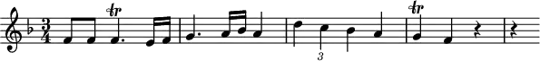 
\header {
  tagline = ##f
}

\score {
  \new Staff \with {

  }
<<
  \relative c' {
    \key f \major
    \time 3/4
    \override TupletBracket #'bracket-visibility = ##f 
    \autoBeamOff

     %%%%%%%%%%%%%%%%%%%%%%%%%% K4
     f8[ f] f4.\trill e16[ f] g4. a16[ bes] a4 \times 2/3{ d c bes } a4 g\trill f r4 r4

  }
>>
  \layout {
    \context {
      \remove "Metronome_mark_engraver"
    }
  }
  \midi {}
}
