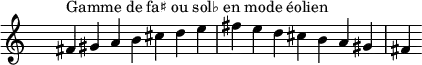 
\relative c' { 
  \clef treble \time 7/4 \hide Staff.TimeSignature fis4^\markup { Gamme de fa♯ ou sol♭ en mode éolien } gis a b cis d e fis e d cis b a gis fis
}
