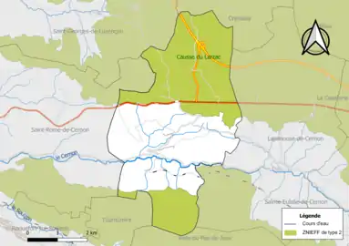 Carte de la ZNIEFF de type 2 de la commune.