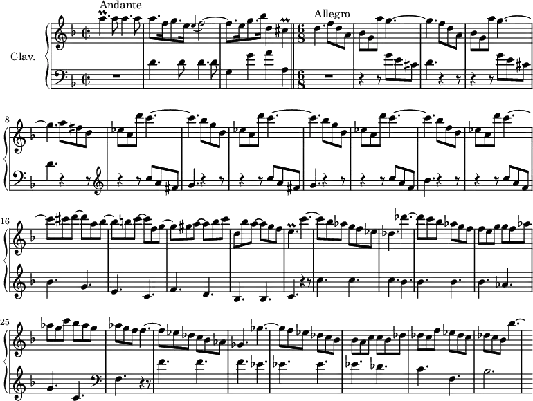 
\version "2.18.2"
\header {
  tagline = ##f
  % composer = "Domenico Scarlatti"
  % opus = "K. 396"
  % meter = "Andante/Allegro"
}

%% les petites notes
trillApUp     = { \tag #'print { a'4.\prall } \tag #'midi { bes32 a bes a~ a4 } }
appoFb        = { \tag #'print { \appoggiatura e4 f2~ } \tag #'midi { e4 f4~ } }
trillCis      = { \tag #'print { cis4\prall } \tag #'midi { d32 cis d cis~   \tempo 2 = 30 cis8   \tempo 2 = 110 } }
trillep       = { \tag #'print { e4.\prall } \tag #'midi { f32 e f e~ e4 } }

upper = \relative c'' {
  \clef treble 
  \key d \minor
  \time 2/2
  \tempo 2 = 56
  \set Staff.midiInstrument = #"harpsichord"
  \override TupletBracket.bracket-visibility = ##f

      s8*0^\markup{Andante}
      \trillApUp a8 a4. a8 | a8. f16 g8. e16 \appoFb | f8. e16 g8. bes16 d,4 \trillCis  \time 6/8   \tempo 4. = 110
      % ms. 4
      d4.^\markup{Allegro} \repeat unfold 2 {  f8 d a | bes g a' g4.~ | g4. }
      % ms. 8 suite
      a8 fis d | ees c d' c4.~ | \repeat unfold 2 { c4. bes8 g d | ees c d' c4.~ } |
      % ms. 14
      c4. bes8 f d | ees c d' c4.~ |
      % ms. 16
      c8 cis d~ d a bes~ | bes b c~ c f, g~ | g gis a~ a bes c | d, bes' a~ a g f |
      % ms. 20
      \trillep c'4.~ | c8 bes aes g f ees | des4. des'4.~ | des8 c bes aes g f | f e g g f aes |
      % ms. 25
      aes g c bes aes g | aes g f f4.~ | f8 ees des c bes aes | ges4. ges'~ | ges8 f ees des c bes |
      % ms. 30
      bes8 a c c bes des | des c f ees des c | des c bes bes'4.~ | \hideNotes bes8*1/8

}

lower = \relative c' {
  \clef bass
  \key d \minor
  \time 2/2
  \set Staff.midiInstrument = #"harpsichord"
  \override TupletBracket.bracket-visibility = ##f

    % ************************************** \appoggiatura a16  \repeat unfold 2 {  } \times 2/3 { }   \omit TupletNumber 
      R1 | \repeat unfold 2 { d4. d8 } | g,4 g' a a, \bar "||"  \time 6/8
      % ms. 4
      R2. | \repeat unfold 2 { r4 r8 g'8 e cis | d4. r4 r8 } |   \clef treble 
      % ms. 9
      \repeat unfold 2 { r4 r8 c'8 a fis | g4. r4 r8 } | r4 r8 c8 a f | bes4. r4 r8 | r4 r8 c8 a f |
      % ms. 16
      bes4. g | e c | f d | bes bes |
      % ms. 20
      c4. r4 r8 | c'4. c | c bes | bes bes | bes aes |
      % ms. 25
      g4. c, |   \clef bass f,4. r4 r8 | f'4. f | f ees | ees ees |
      % ms. 30
      ees4. des | c f, | bes2. | s64

}

thePianoStaff = \new PianoStaff <<
    \set PianoStaff.instrumentName = #"Clav."
    \new Staff = "upper" \upper
    \new Staff = "lower" \lower
  >>

\score {
  \keepWithTag #'print \thePianoStaff
  \layout {
      #(layout-set-staff-size 17)
    \context {
      \Score
     \override SpacingSpanner.common-shortest-duration = #(ly:make-moment 1/2)
      \remove "Metronome_mark_engraver"
    }
  }
}

\score {
  \keepWithTag #'midi \thePianoStaff
  \midi { }
}
