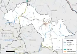 Carte en couleur présentant le réseau hydrographique de la commune